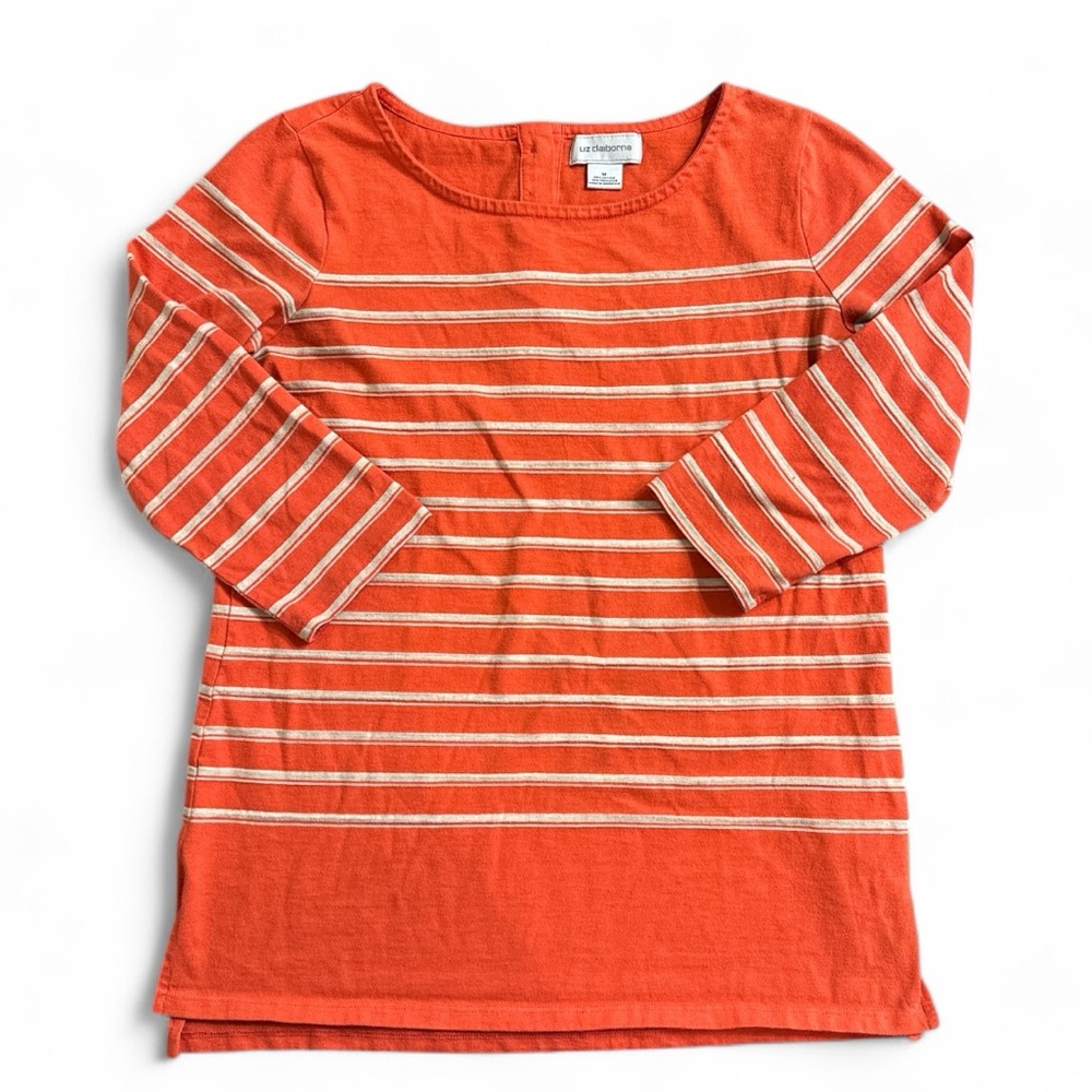 Liz Claiborne Orange and White Striped 3/4 Sleeve Shirt